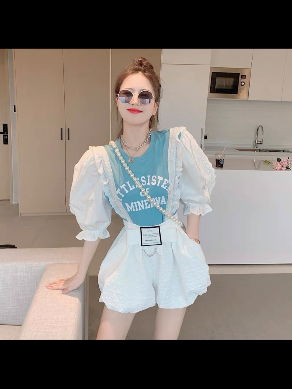 Women’s Blue Graphic Tee & White Textured Shorts 2-Piece Set